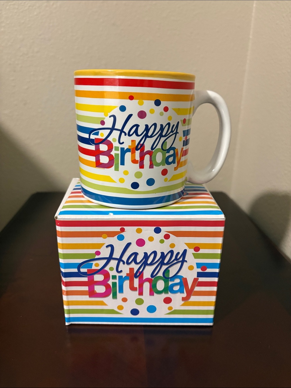 NIB Happy Birthday Rainbow Stripe Ceramic Mug - Multicolor